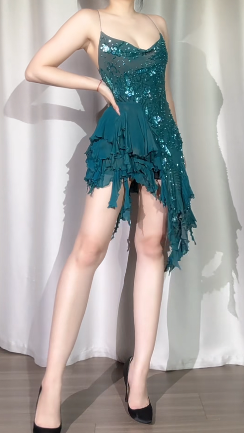 Sexy Sheath Teal Short Prom Dresses Chiffon Beaded Spaghetti Straps Evening Dresses ED05991