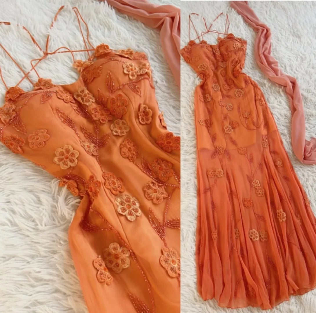 Gorgeous Orange Long Prom Dresses Chiffon Beaded Sleeveless Evening Dresses Spaghetii Straps Sheath Formal Dresses ED06001