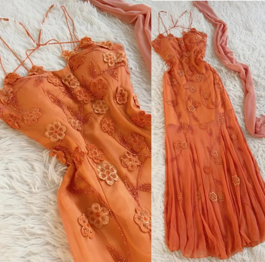 Gorgeous Orange Long Prom Dresses Chiffon Beaded Sleeveless Evening Dresses Spaghetii Straps Sheath Formal Dresses ED06001