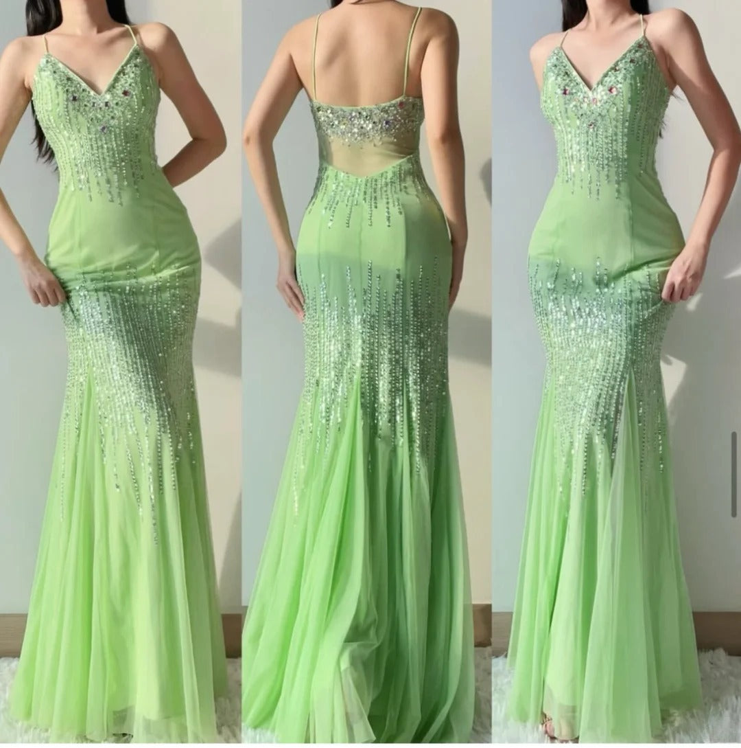 Gorgeous Green Long Prom Dresses Tulle Beaded Mermaid Evening Dresses Spaghetti Straps Backless Formal Dresses ED06002