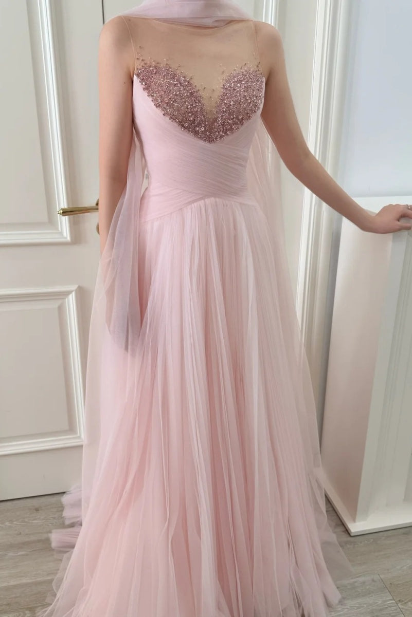 Gorgeous Pink Long Prom Dresses Tulle Beaded Sheath Evening Dresses Jewel Sleeveless Formal Dresses ED06003