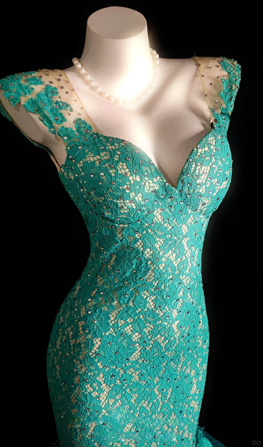 Gorgeous Turquoise Long Prom Dresses Tulle Lace Mermaid Evening Dresses V-neck Sleeveless Formal Dresses ED06004