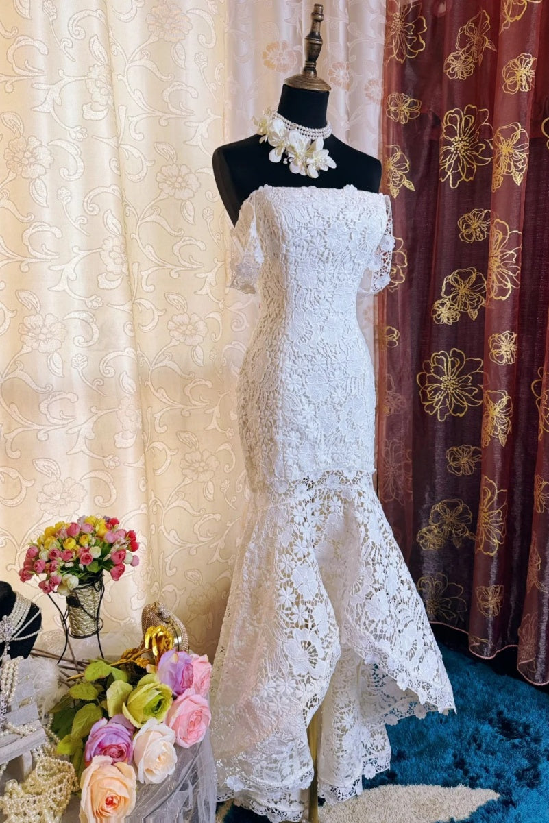 Vintage Ivory Prom Dresses Appliques Lace Mermaid Long Evening Dresses Straps Sleeveless Formal Dresses ED06005