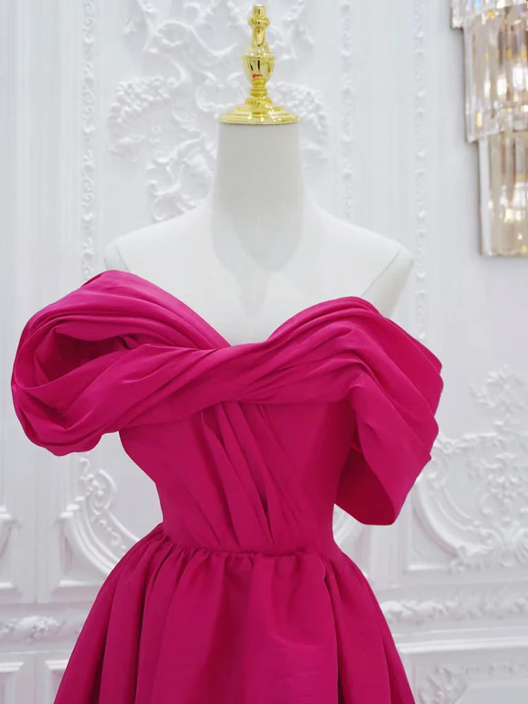 Robe de bal longue en satin rouge rose, coupe trapèze, épaules dénudées, robe de soirée longue rouge rose ED0601