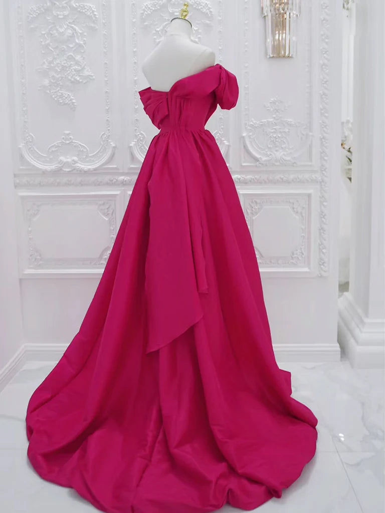 Robe de bal longue en satin rouge rose, coupe trapèze, épaules dénudées, robe de soirée longue rouge rose ED0601