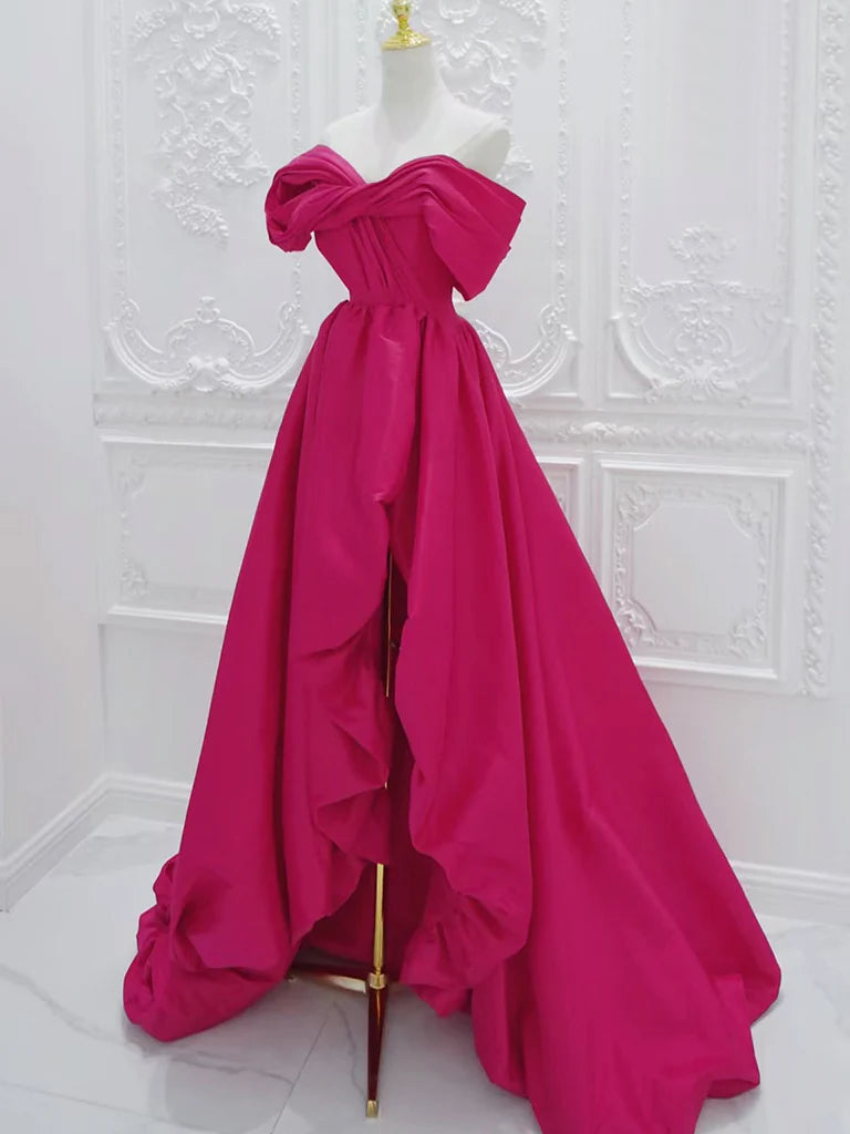 Robe de bal longue en satin rouge rose, coupe trapèze, épaules dénudées, robe de soirée longue rouge rose ED0601