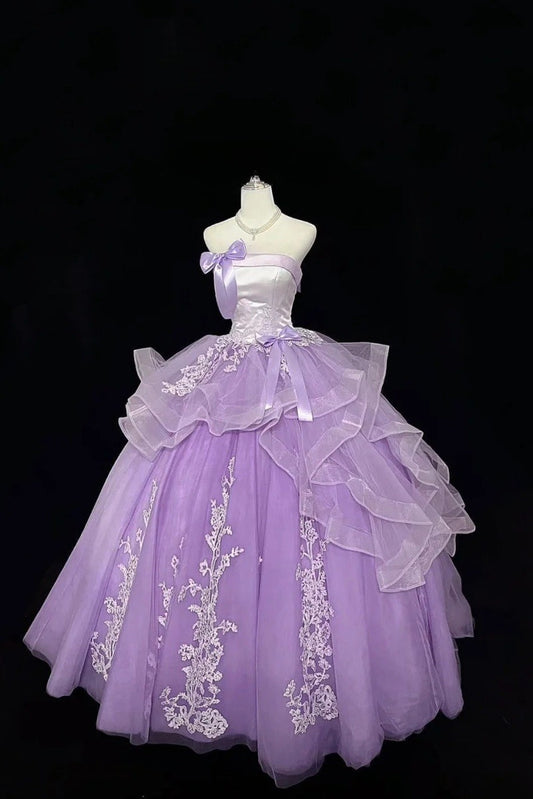 Fairy Lilac Long Prom Dresses Tulle Appliques A-Line Sleeveless Quinceanera Dresses Strapless Sweet 16 Dresses ED06012
