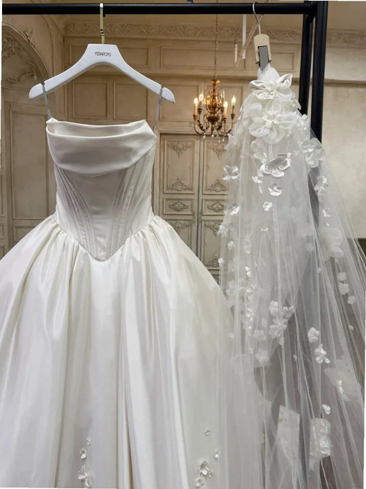 Fairy A-line Long Wedding Dresses Satin White Bridal Gowns Sleevless Strapless Bridal Dresses ED06015