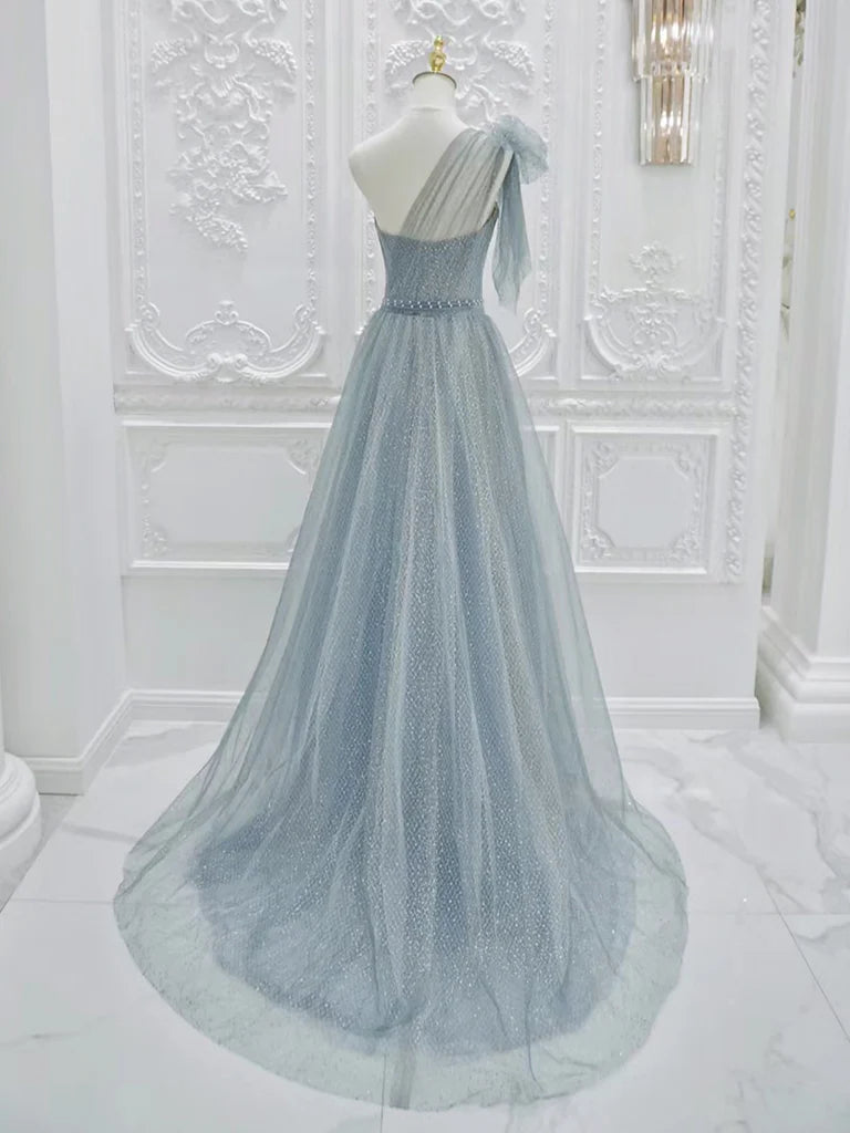 A-Line One Shoulder Tulle Sequin Gray Blue Long Prom Dress, Sequin Long Formal Dress ED0602