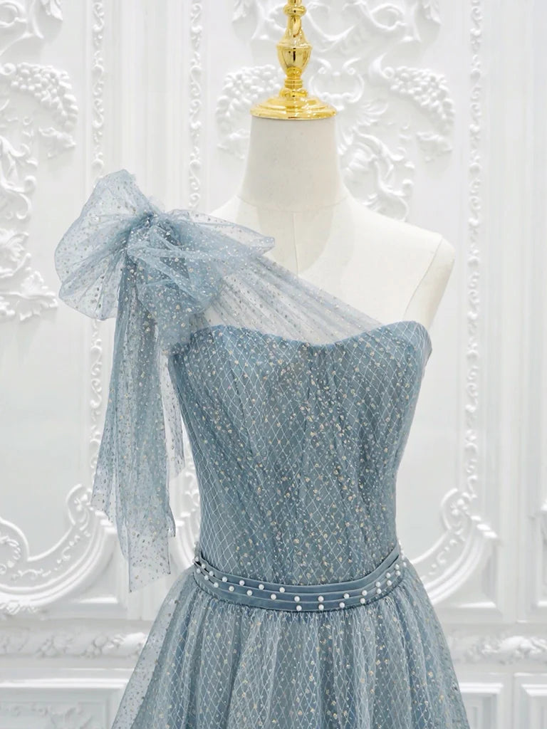 A-Line One Shoulder Tulle Sequin Gray Blue Long Prom Dress, Sequin Long Formal Dress ED0602