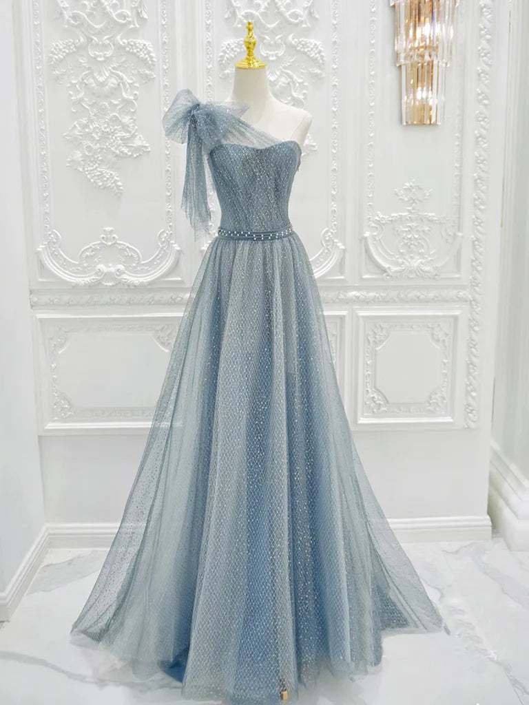 A-Line One Shoulder Tulle Sequin Gray Blue Long Prom Dress, Sequin Long Formal Dress ED0602