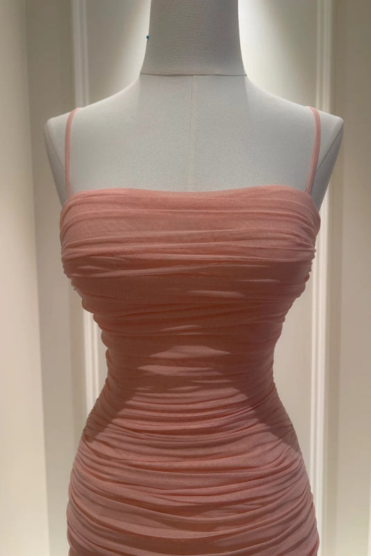 Sexy Bodycon Pink Short Prom Dresses Tulle Spaghetti Straps Birthday Dresses Sleeveless Party Dresses ED06022