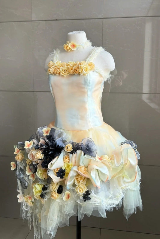 Sexy Sheath Yellow Short Prom Dresses Tulle Spaghetti Straps Birthday Dresses Sleeveless Party Dresses ED06023