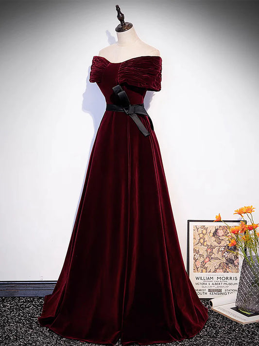 A-Line Off Shoulder Velvet Burgundy Long Prom Dress, Burgundy Long Formal Dress ED0603