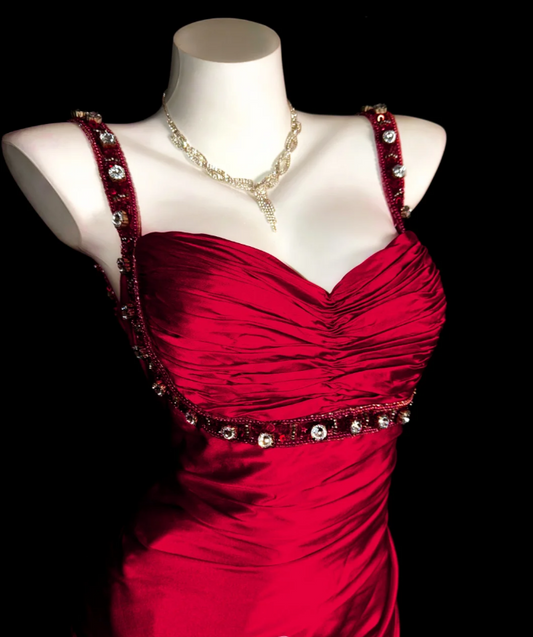 Elegant Sheath Burgundy Long Prom Dresses Satin Spaghetti Straps Evening Dresses Backless Formal Dresses ED06036
