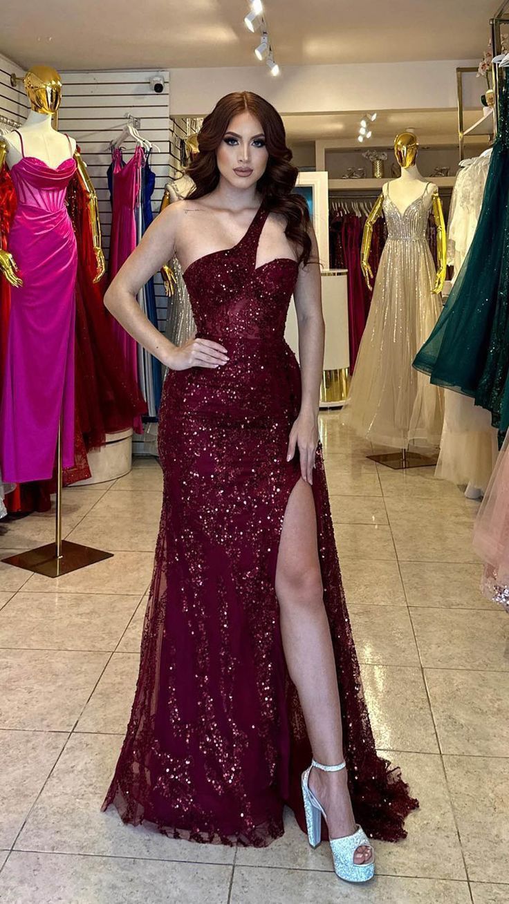 Elegant Sheath Dark Red Long Prom Dresses Sequins Tulle One-shoulder Evening Dresses ED06038