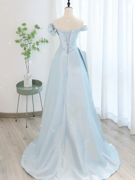 A-Line Blue Satin Tulle Long Prom Dress, Blue Tulle Long Evening Dresses ED0604