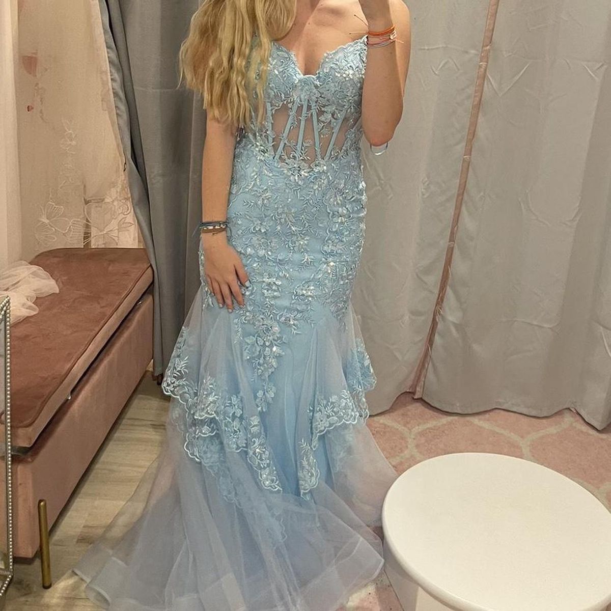 Sexy Mermaid Blue Long Prom Dresses Tulle Appliques Sweetheart Evening Dresses ED06045