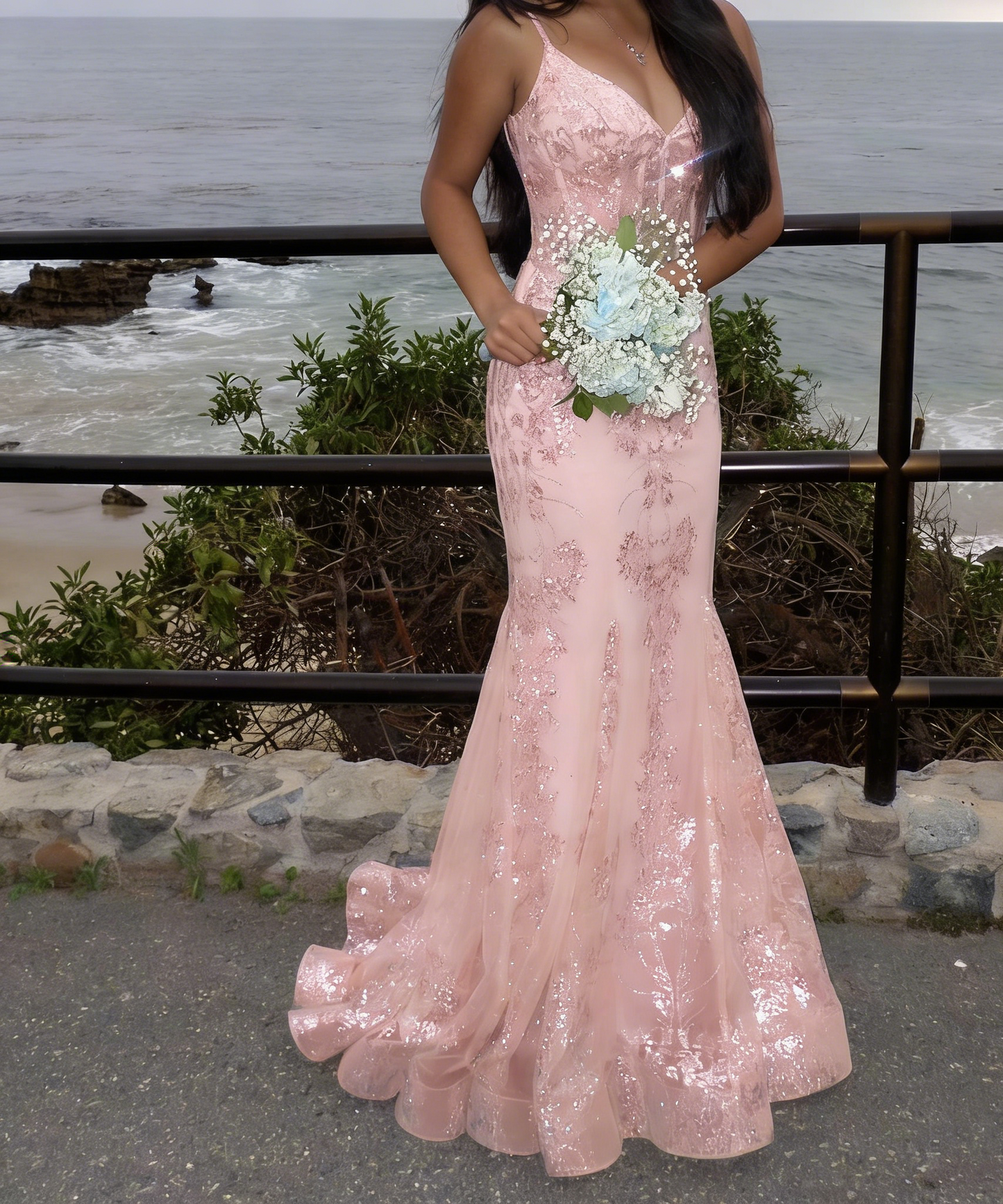 Sexy Mermaid Blue Long Prom Dresses Tulle Sequins Spaghetti Straps Evening Dresses ED06046