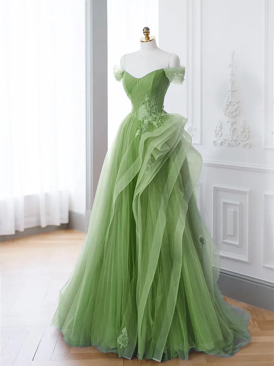 A-Line Tulle Lace Green Long Prom Dress, Green lace Long Formal Dress ED0605