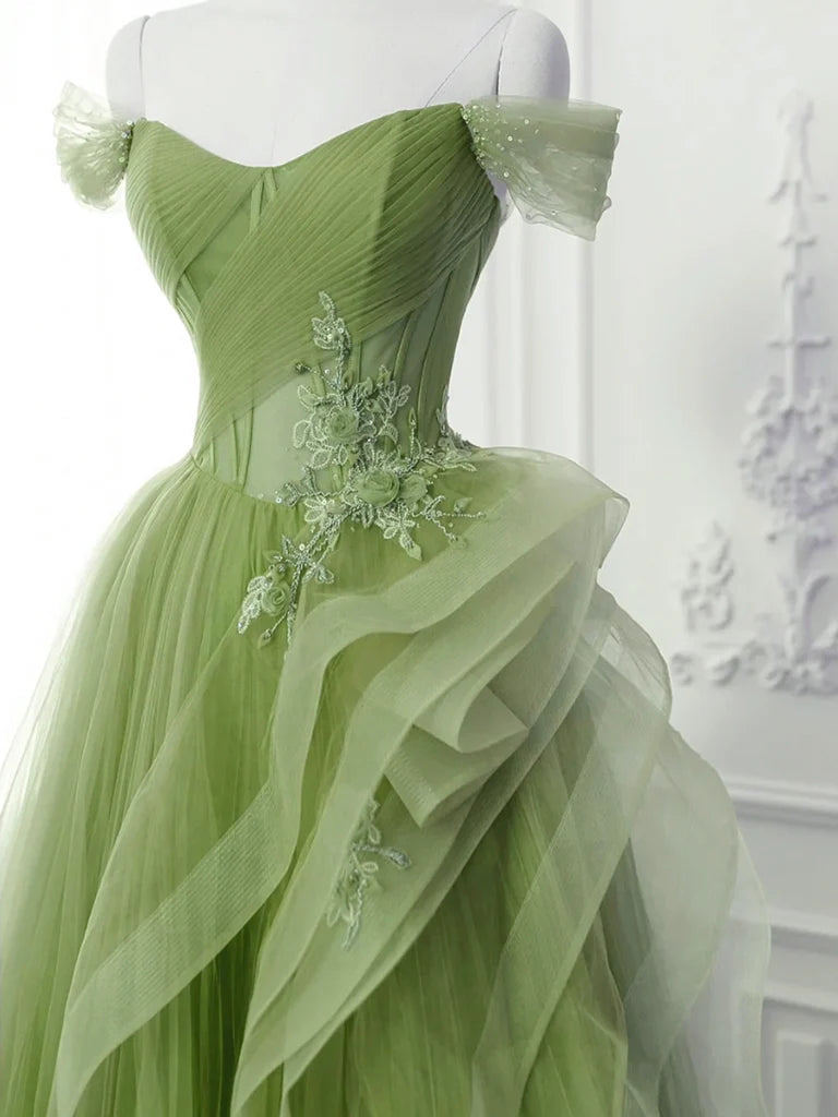 A-Line Tulle Lace Green Long Prom Dress, Green lace Long Formal Dress ED0605