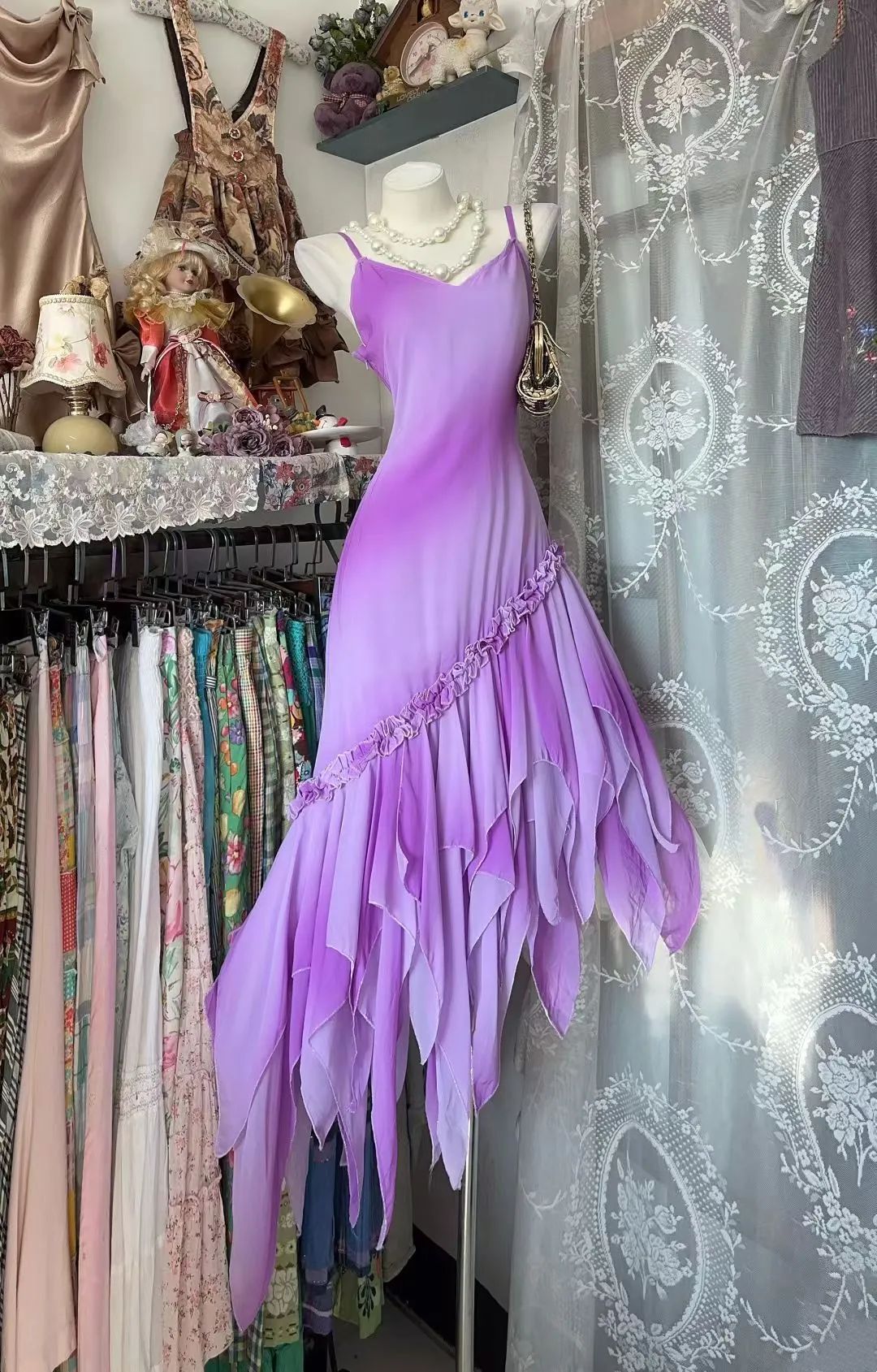 Vintage Purple Short Prom Dresses Chiffon Sheath Spaghetti Straps Evening Dresses Sleeveless Party Dresses ED06052