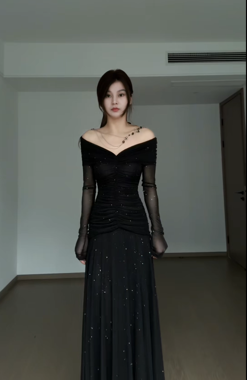 Glitter Black Long Prom Dresses Tulle A-Line Evening Dresses Off-shoulder Party Dresses ED06053