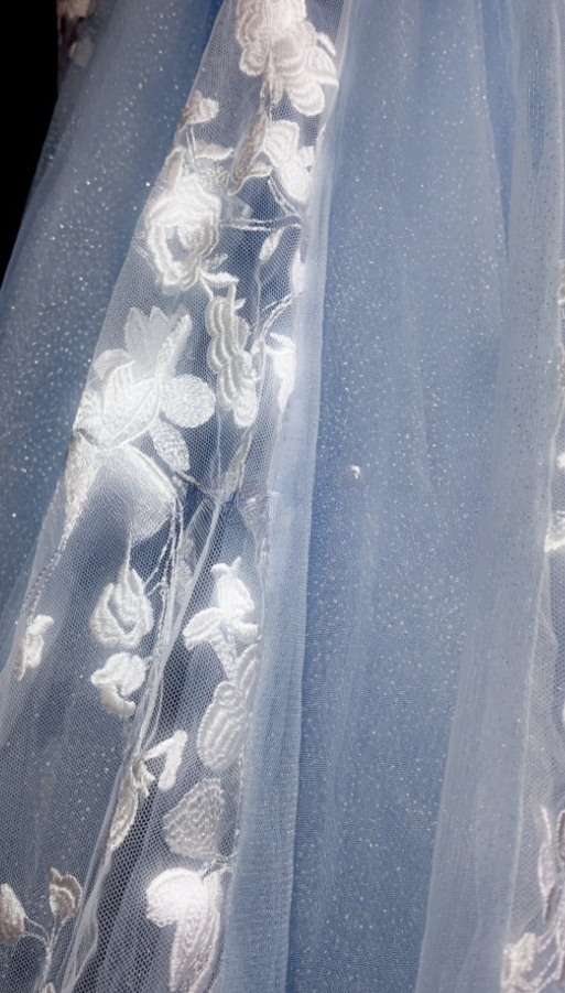 Gorgeous Spaghetti Straps Blue Long Prom Dresses Tulle Appliques Sheath Evening Dress with Slit ED06056