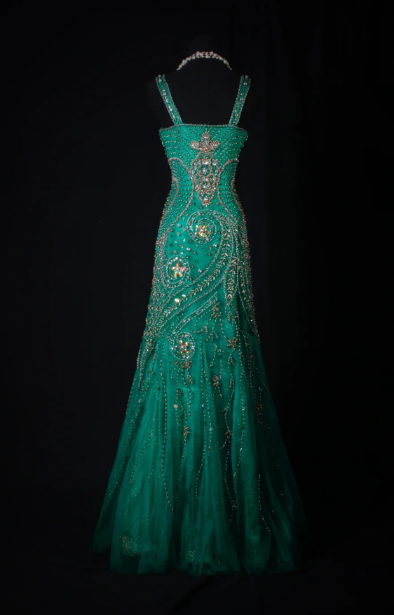 Elegant Straps Green Long Prom Dresses Beaded Tulle Sheath Birthday Dress ED06063