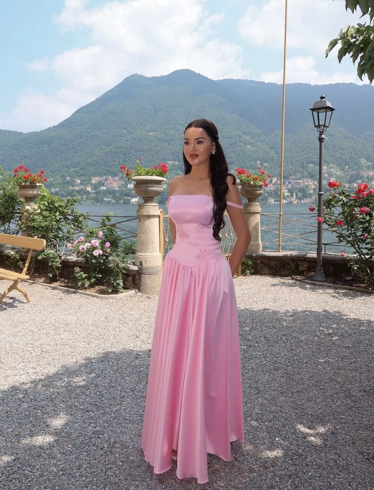 Elegant Spaghetti Straps Pink Long Prom Dresses Satin A-Line Birthday Dresses ED06066