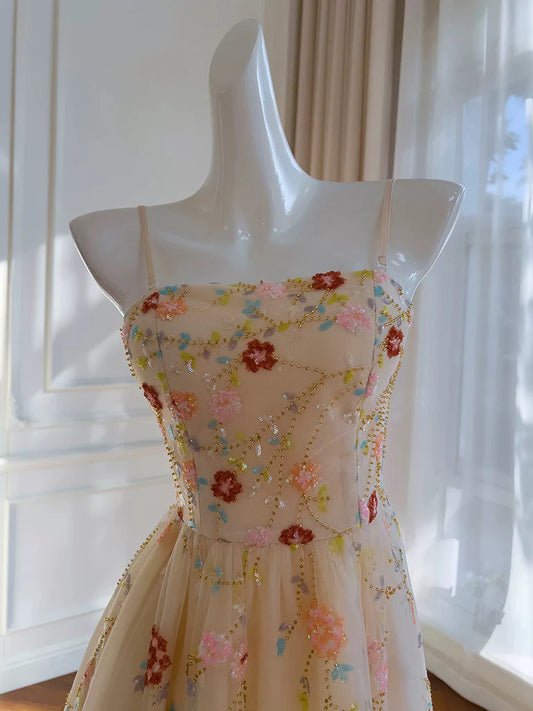 A-Line Tulle Sequin Beads Champagne Tea Length Prom Dress, Champagne Homecoming Dress ED0607