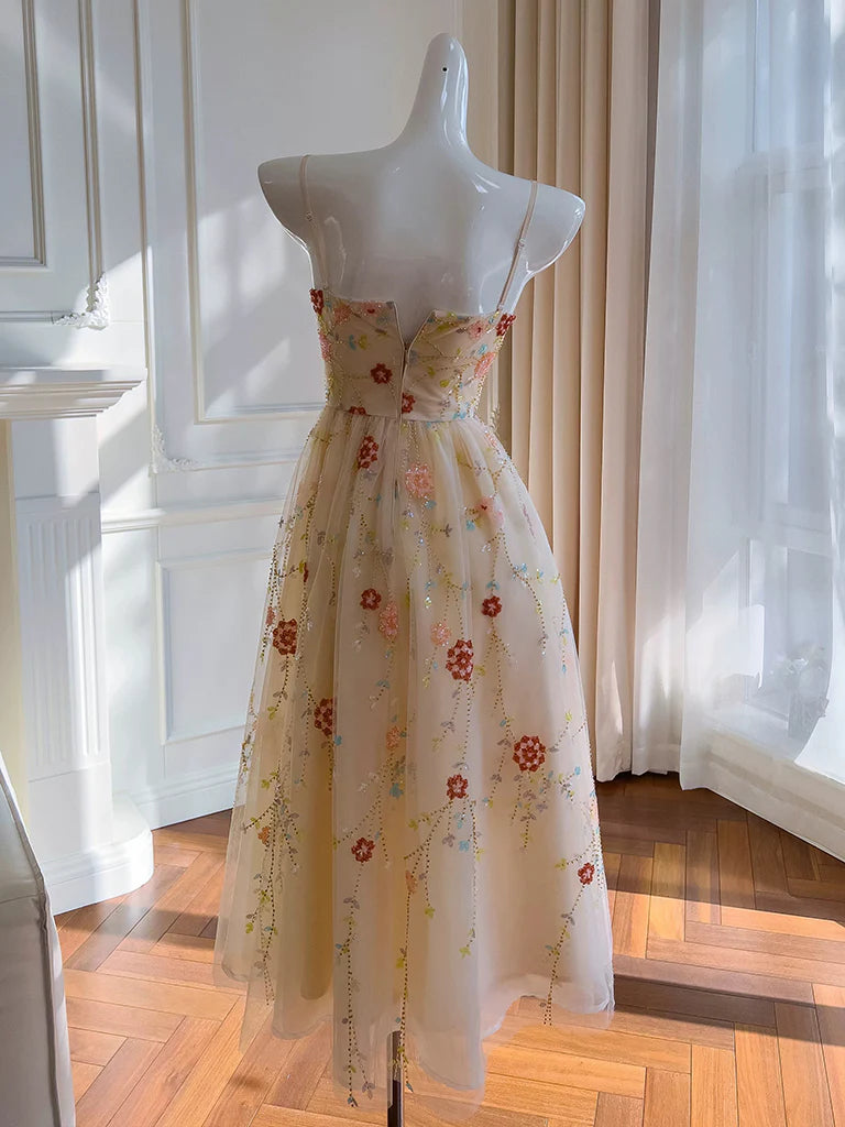 Robe de bal trapèze en tulle, paillettes et perles, longueur thé, couleur champagne, robe de soirée ED0607