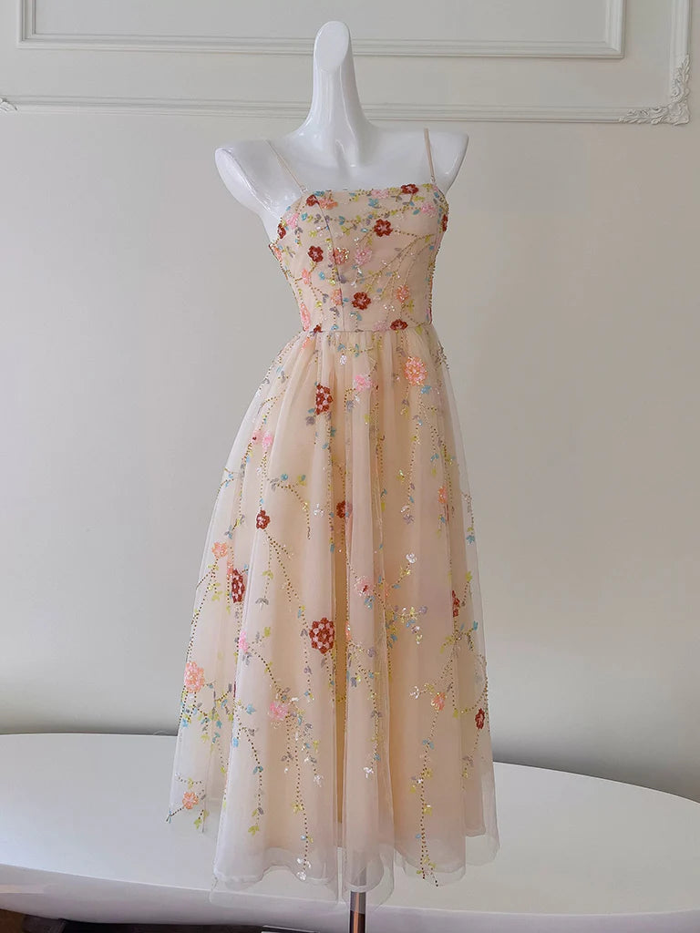 Robe de bal trapèze en tulle, paillettes et perles, longueur thé, couleur champagne, robe de soirée ED0607