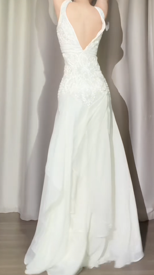 Elegant Straps White Long Prom Dresses Chiffon Beaded A-Line Evening Dresses ED06070