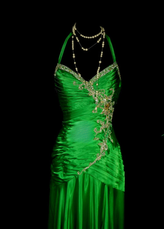 Elegant Green Long Prom Dresses Spaghetti Straps Sheath Evening Dresses Appliques Satin Sleeveless Formal Dresses ED06079