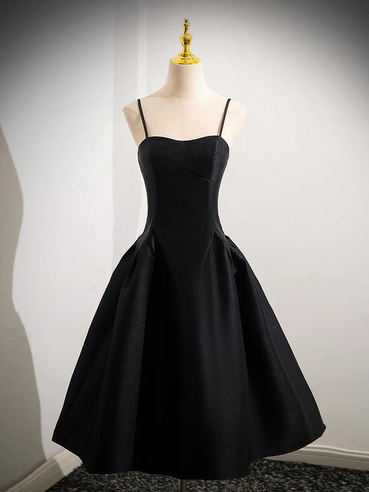 Robe de bal courte en satin noir, coupe trapèze, robe de soirée noire ED0608