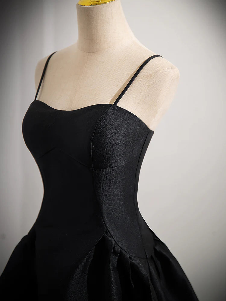 Robe de bal courte en satin noir, coupe trapèze, robe de soirée noire ED0608