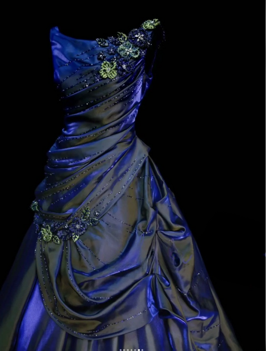 Elegant Navy Blue Long Prom Dresses Straps A-Line Evening Dresses Beaded Satin Sleeveless Formal Dresses ED06080