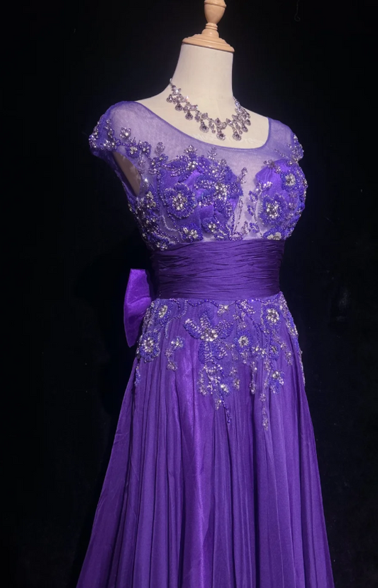 Cute Purple Long Prom Dresses Jewel A-Line Evening Dresses Beaded Chiffon Sleeveless Formal Dresses ED06083