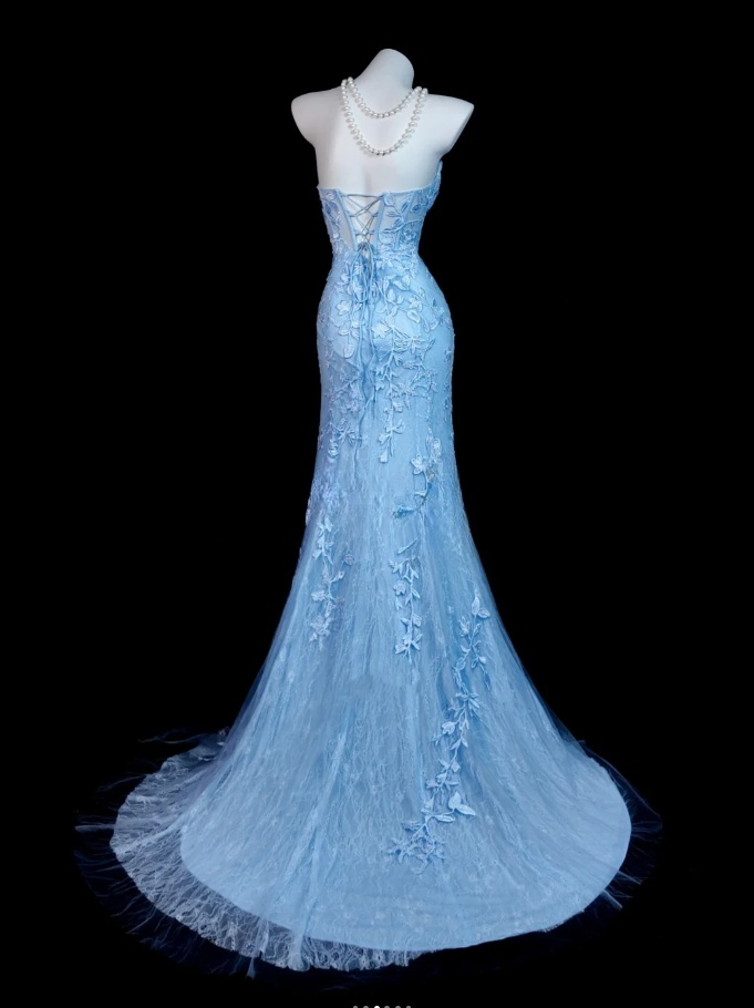 Chic Blue Long Prom Dresses Sweetheart Sheath Slit Evening Dresses Applique Tulle Sleeveless Formal Dresses ED06085