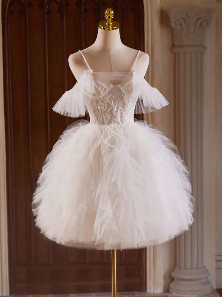 Cute Tulle Lace Light Champagne Short Prom Dress, Cut Homecoming Dress ED0609