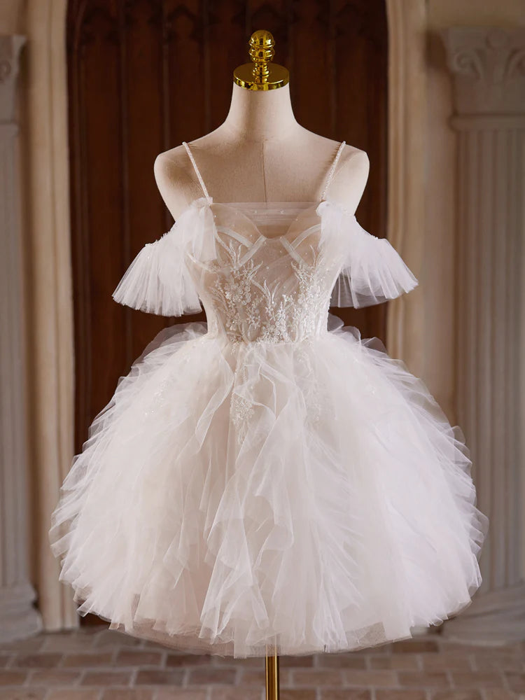 Cute Tulle Lace Light Champagne Short Prom Dress, Cut Homecoming Dress ED0609