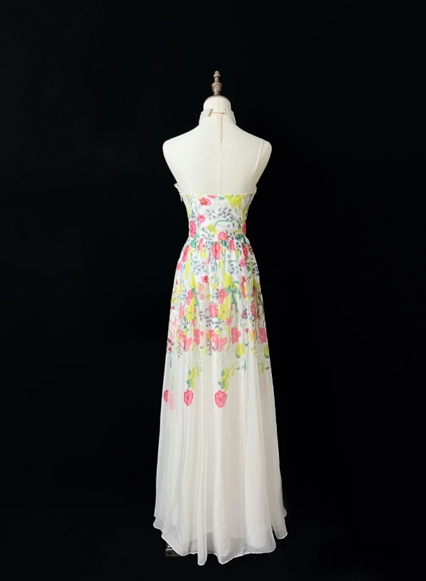 Sexy Floral Long Prom Dresses V-neck A-Line Birthday Dresses Tulle Sleeveless Evening Dresses ED06090