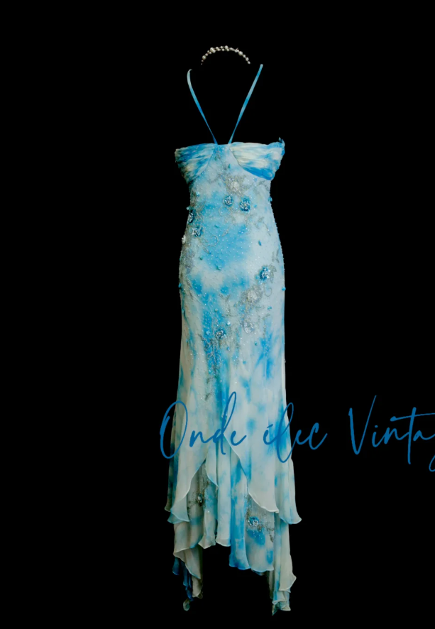 Chic Blue Formal Dresses Halter Sheath Birthday Dresses Beaded Chiffon Sleeveless Long Evening Dresses ED06098