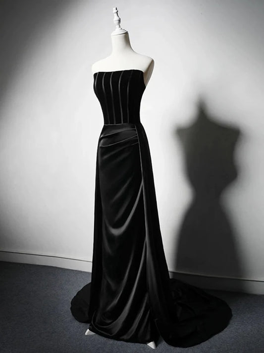 A-Line Satin Black Long Prom Dress, Black Long Formal Dress ED061