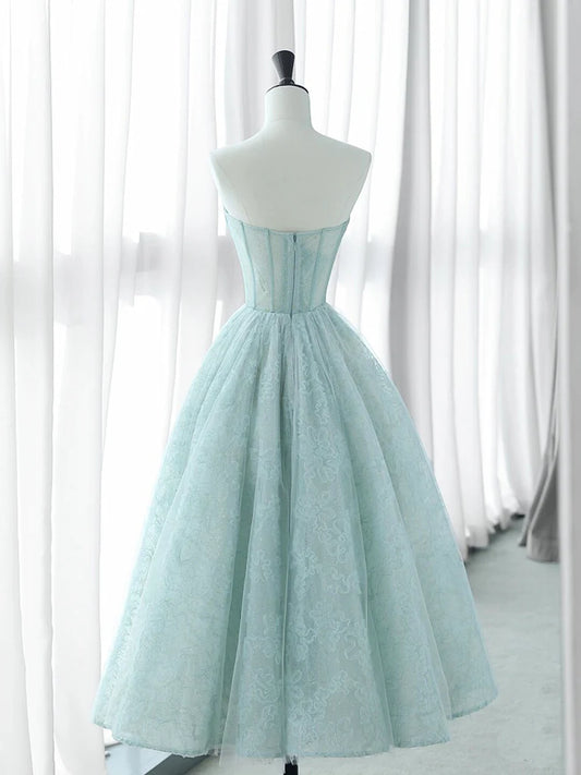 A-Line Sweetheart Neck Tulle Lace Blue Short Prom Dress, Blue Formal Dress ED0610