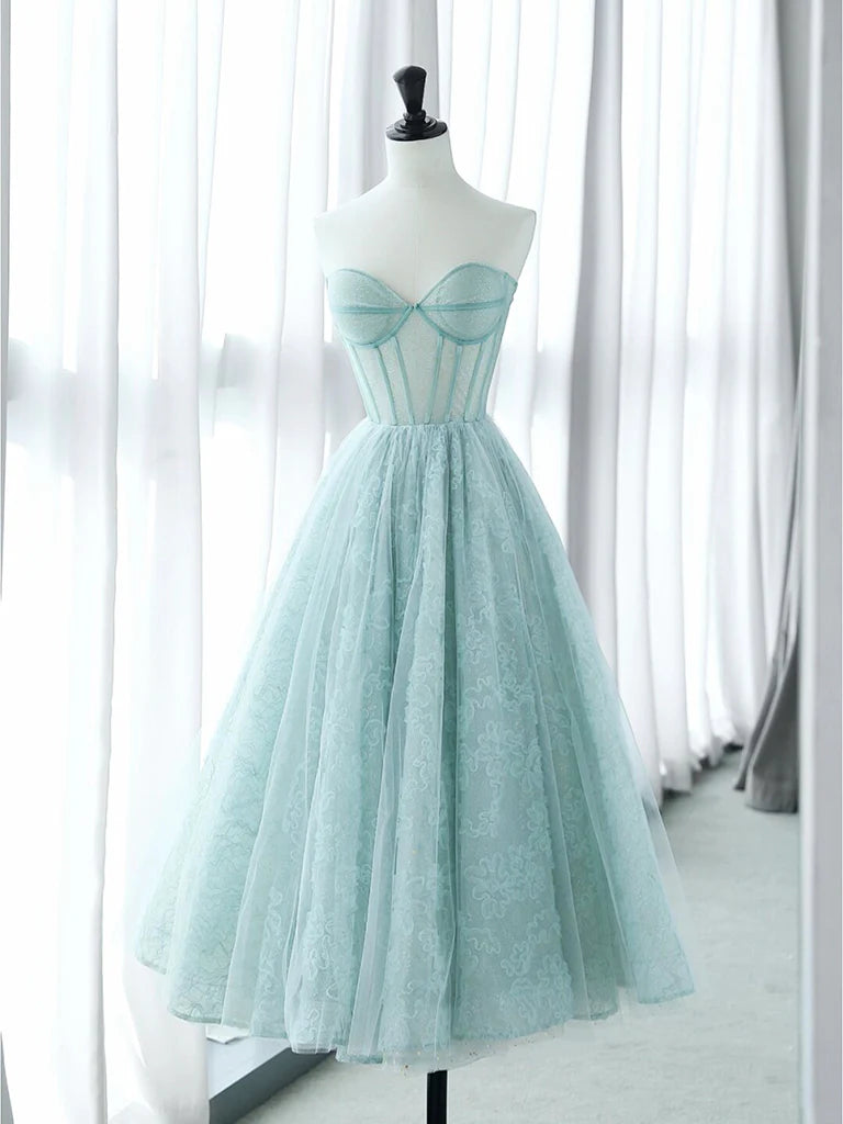 A-Line Sweetheart Neck Tulle Lace Blue Short Prom Dress, Blue Formal Dress ED0610