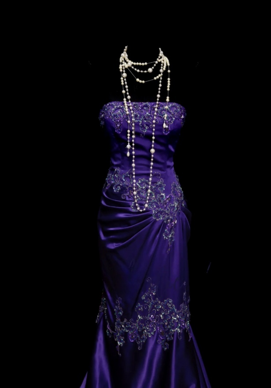 Chic Purple Formal Dresses Strapless Mermaid Birthday Dresses Satin Beaded Sleeveless Long Evening Dresses ED06100