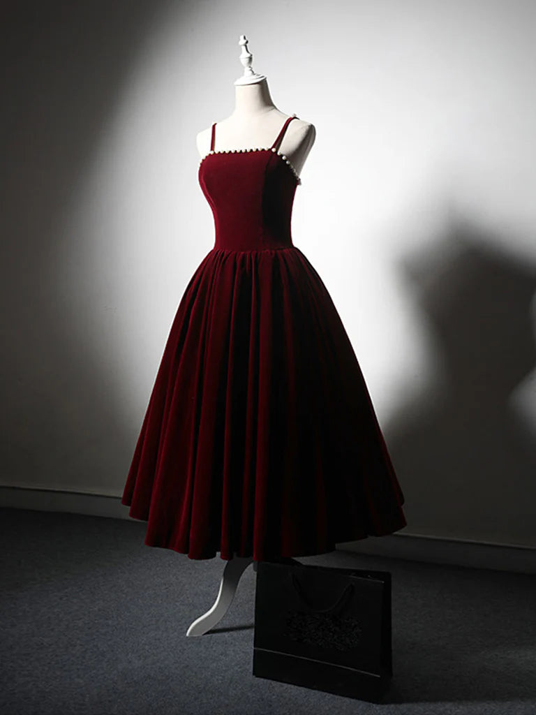 A-Line Velvet Tea Length Burgundy Prom Dress, Burgundy Cocktail Dress ED0611