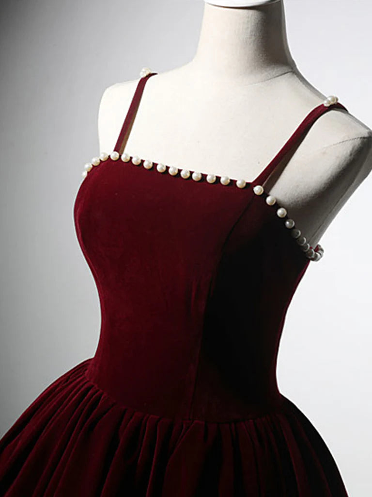 A-Line Velvet Tea Length Burgundy Prom Dress, Burgundy Cocktail Dress ED0611